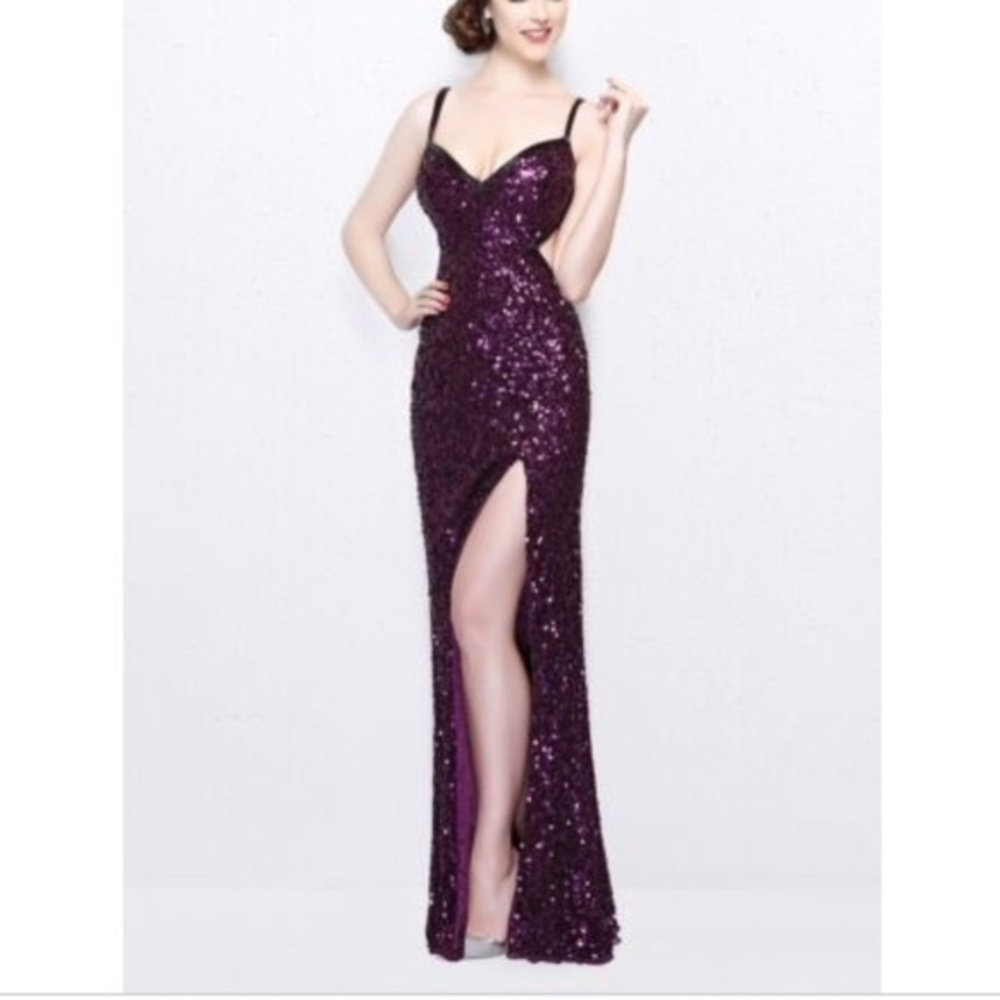 Primavera Couture purple Sequin Cut Out Back Sexy Prom Dress Formal Gown
